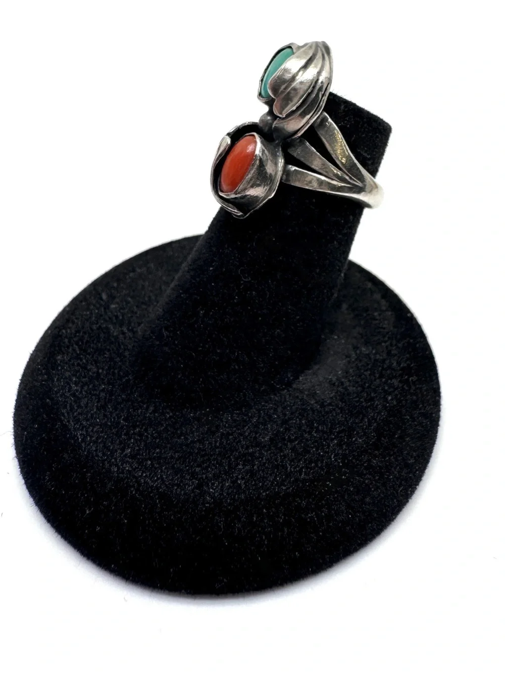 Vintage Sterling Silver Coral and Turquoise Ring Size 3 1/2